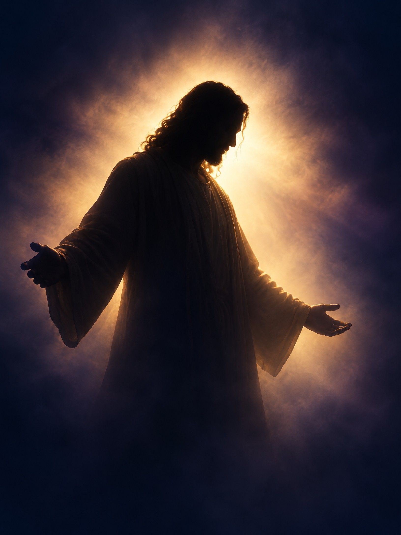 Artistic interpretation of Yeshua as a backlit silhouette with open arms