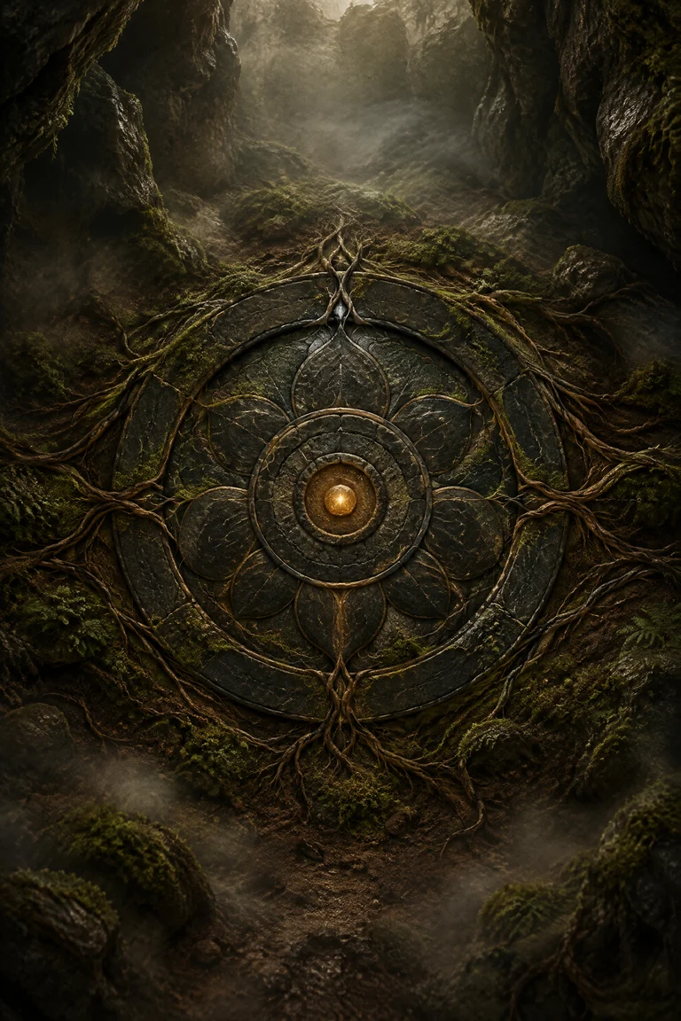 Rooted black-stone Earth mandala with a small golden ember at its center