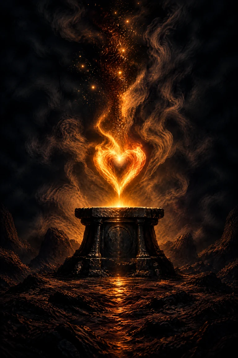 Heart-shaped golden flame rising above a black stone altar