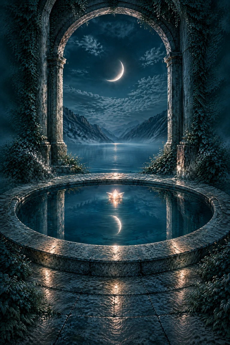 Moonlit circular pool beneath a crescent moon in an ancient stone sanctuary