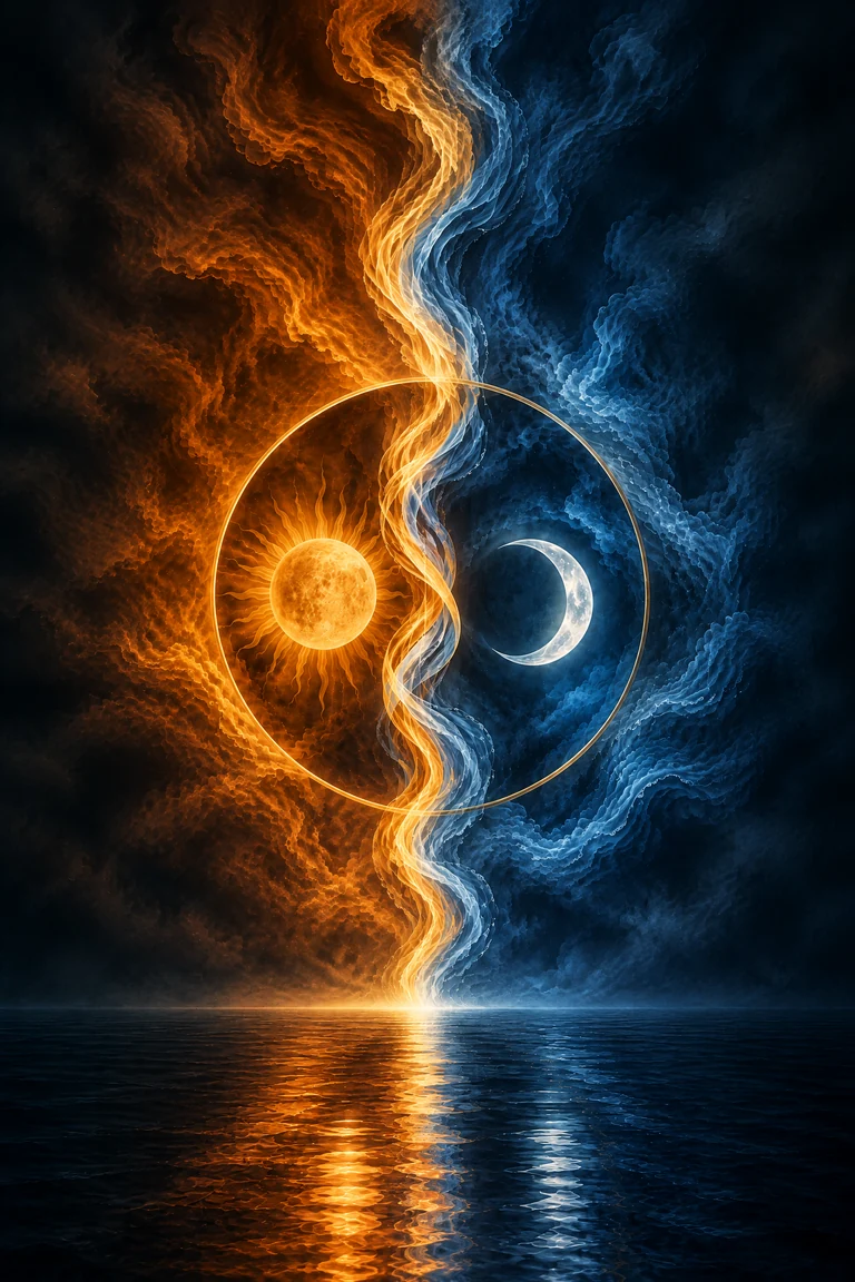 Gold sun and silver crescent moon balanced in a centered alchemical circle