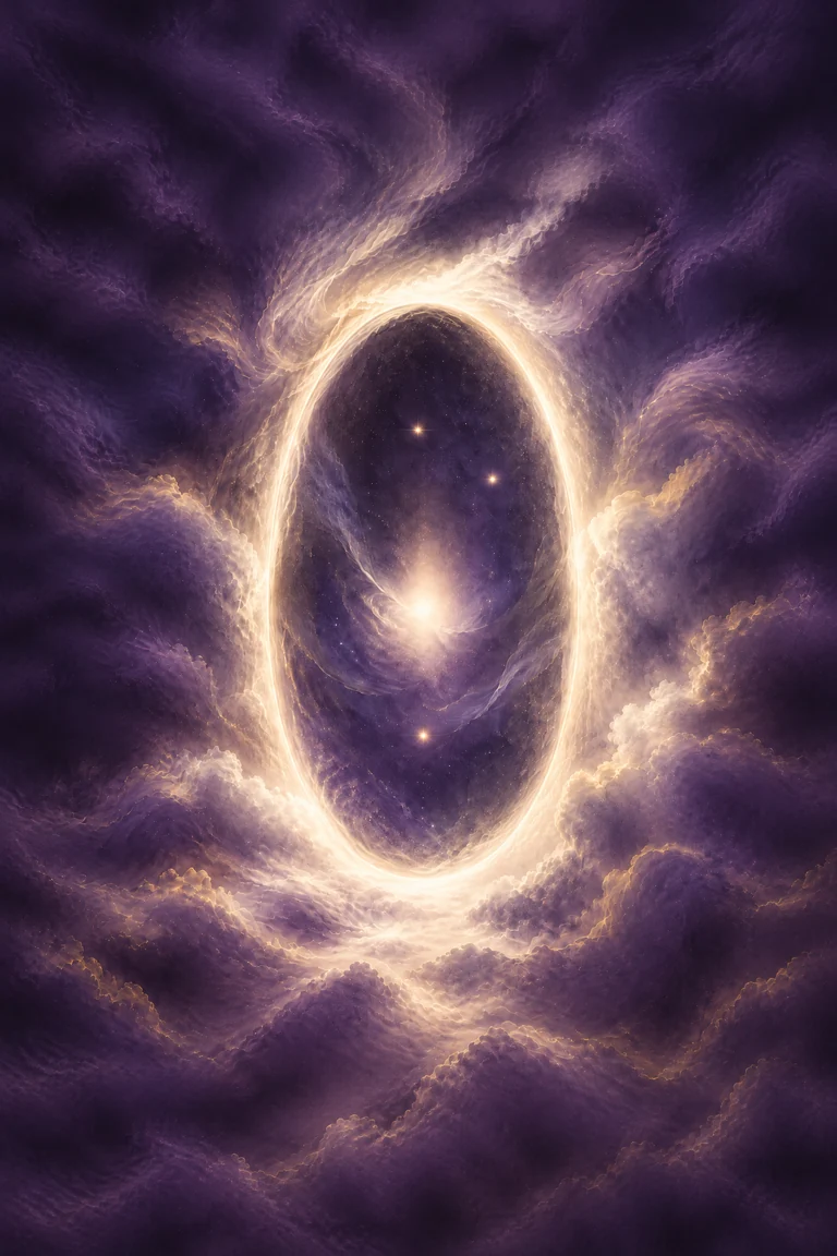 Ivory-gold aether portal opening within flowing violet clouds