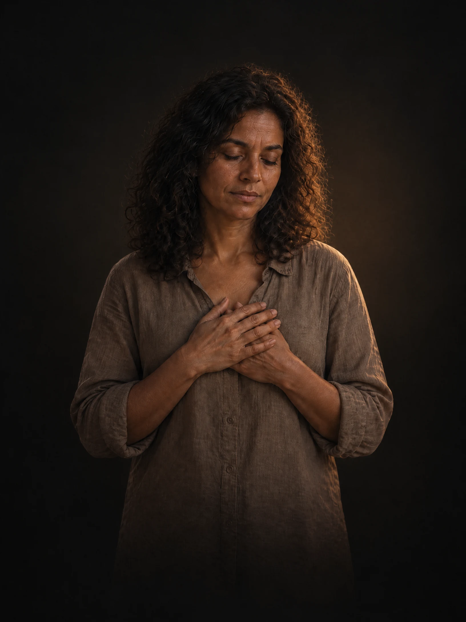 Woman with medium-brown skin and eyes gently closed, resting her hands over her heart in soft warm light